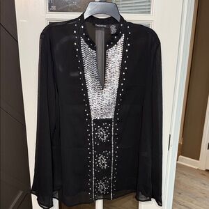 THE (IN) SHOP Black w/ Silver Sequins Embellished Sheer Tunic Top Size XL